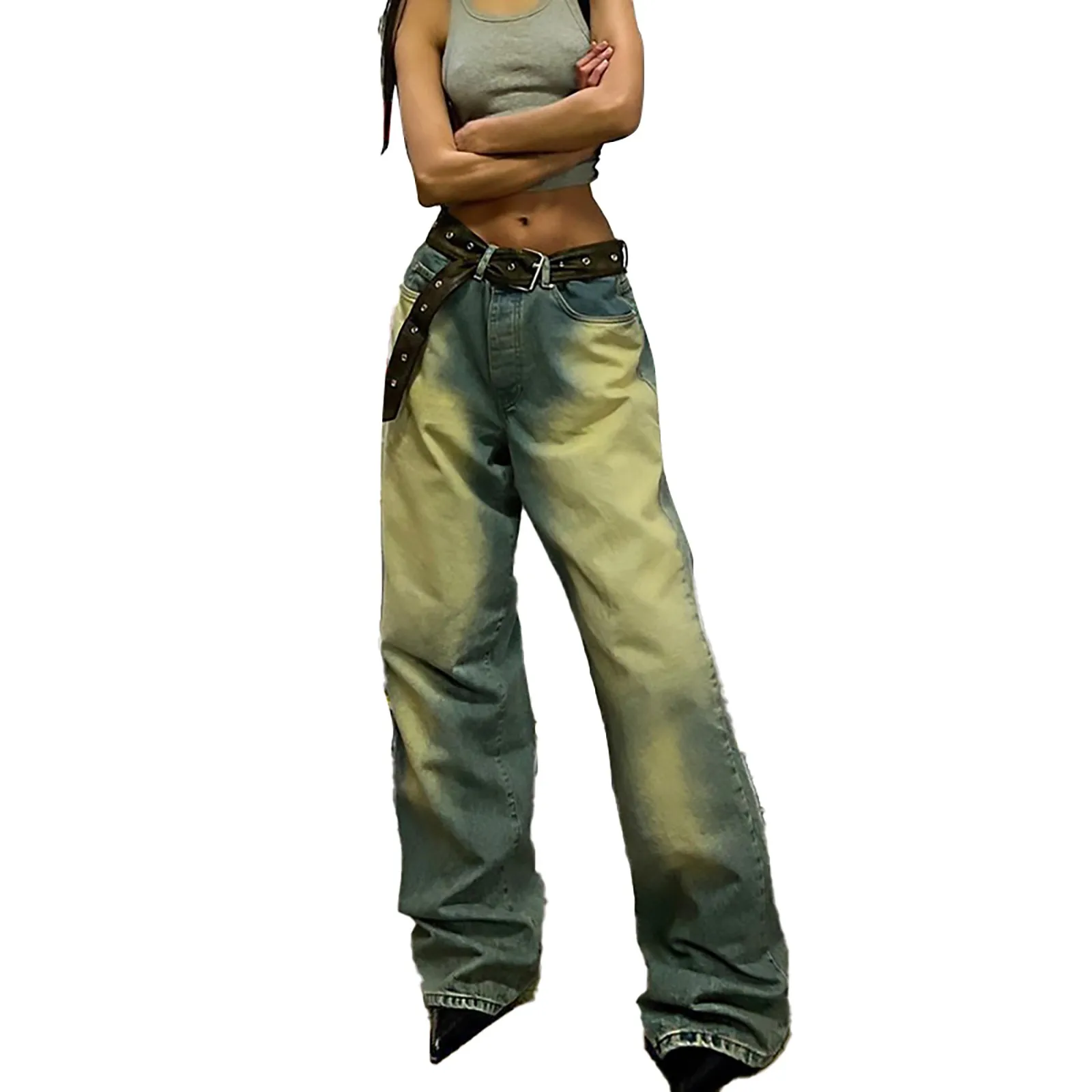 

Ladies Retro Harajuku Jeans Female Casual Fashion Loose Denim Pants Women'S Washed Old Vintage Style Trousers Wide-Leg Pants Y2k