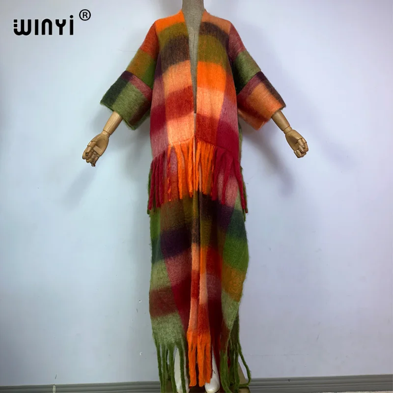 

Зимнее женское пальто WINYI для подиума, роскошное длинное меховое Свободное пальто с принтом в клетку и кисточками, толстое теплое длинное пуховое пальто, модная куртка