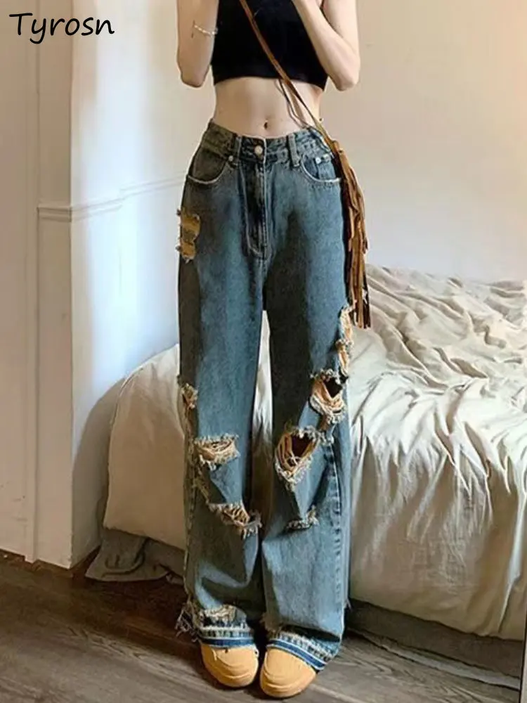 

Jeans Women Vintage Design Personality Hole Ulzzang Leisure Fashion All-match Empire Denim Ripped New Streetwear Summer Students