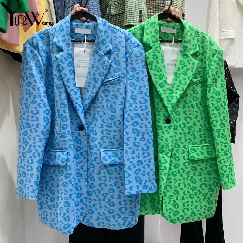 

yuerwang Women Blazer Leopard Printed Single Button Long Sleeve Ladies Suit Coat Fashion Loose Long Women's Suit Jacket 2022