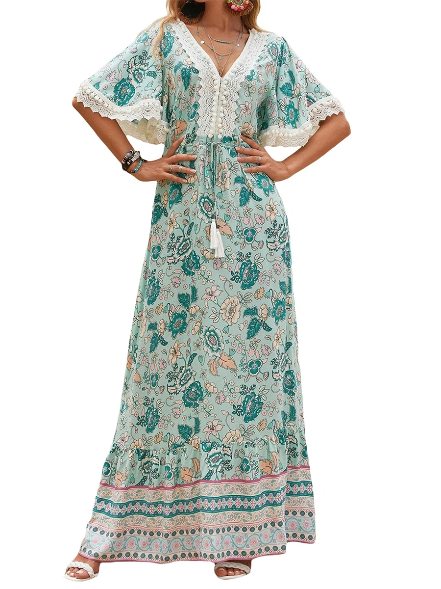

Women Summer Boho V-Neck Bat Sleeve Floral Dress Lace A-line Drawstring Long Dress Vacation Wear 2023 Trendy