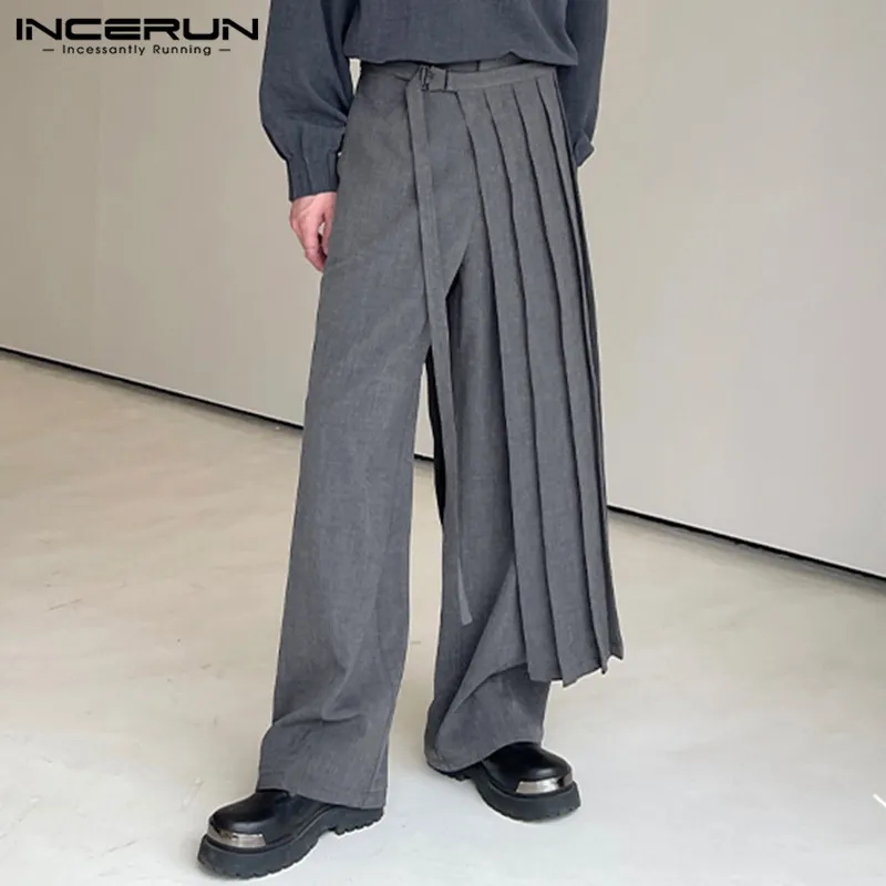 

INCERUN Men Irregular Pants Solid Color Joggers Streetwear 2023 Male Straight Trousers Pleated Loose Casual Long Pants S-5XL