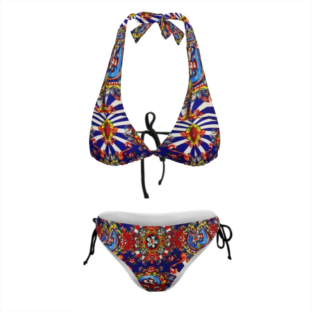 Bandeau Swimsuit Bikini Set Swimwear Women Swimsuit Sexy Push Up Swimming Bathing Suit Floral Sicilian Design Art