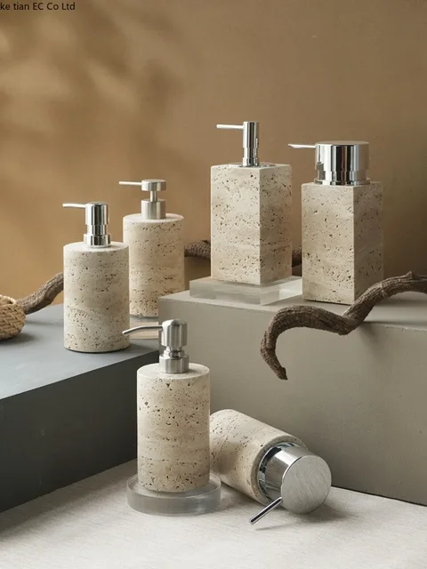 Wabi-Sabi หินธรรมชาติสีเหลืองถ้ำมือฆ่าเชื้อขวดแชมพูสีขาวถ้ำหินขวดใส่โลชั่นฟองมูส 1