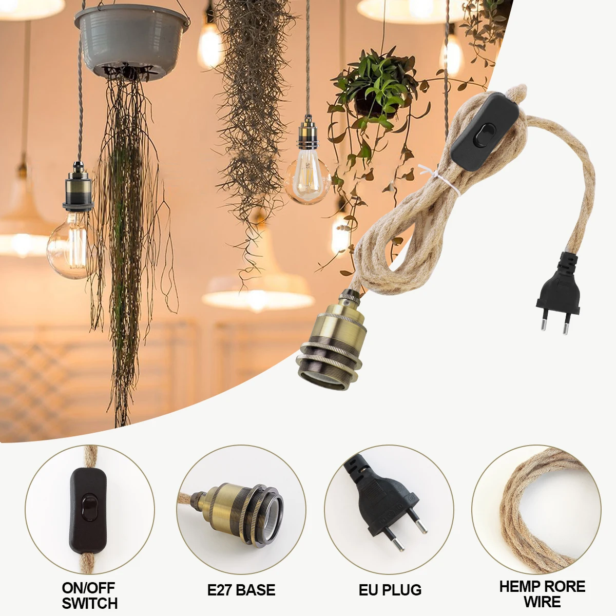 Vintage Power Cord Pendant Light 2M Hemp Rope Cables E26 E27 Lamp Holder Socket EU Plug Switch Industrial Pendant Light Fitting 6