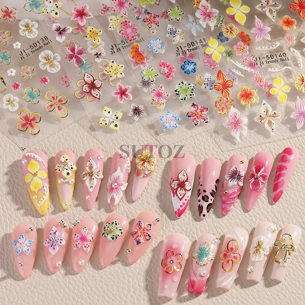 5D Gold Hawaiian Flower Nail Art Stickers Colorful Hibiscus Petal Decal Relief Lily Nail Sliders Charms Manicure Decors LEBJI-5D nail stickers nail art decoration nail decals flower stickers
