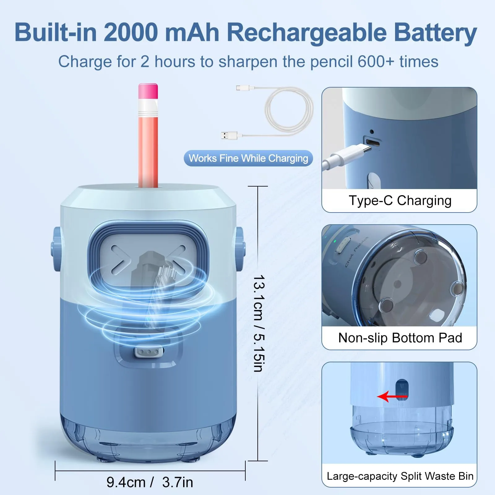 완전 자동 전동 연필깎이 2000mAh 충전식 3초 빠른 연마 기능 (6.5-8mm 연필용) 학생, 학교, 사무실, 미술용