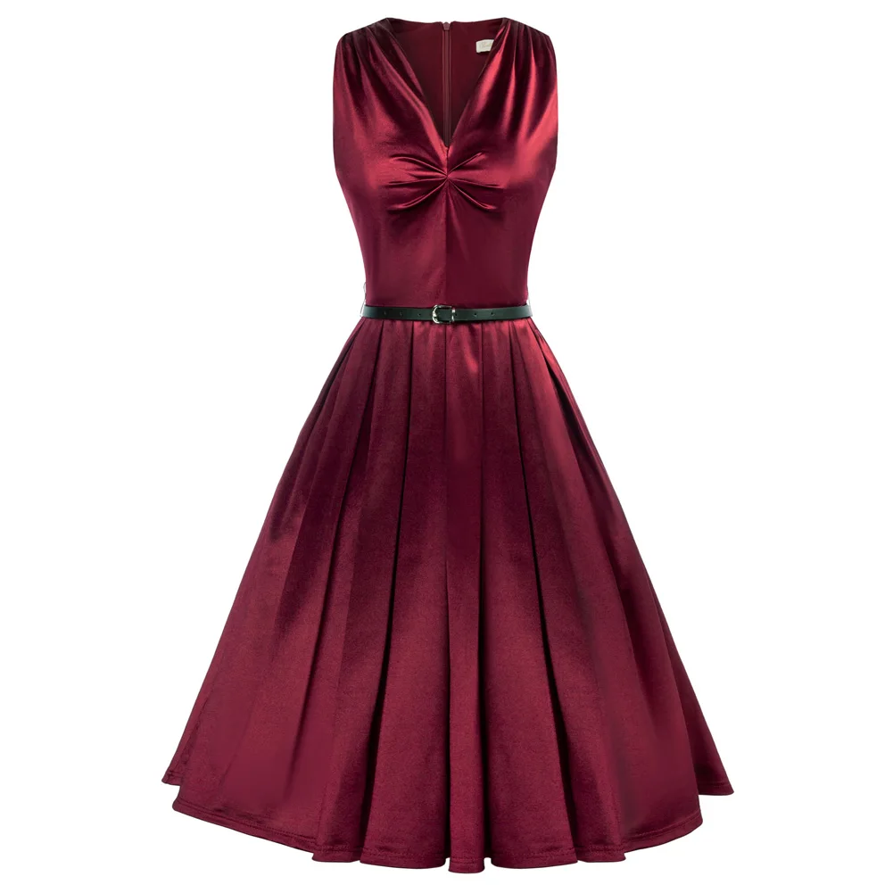 

BP Vintage 50s 60s Satin Ball Gown Red Evening Dress Tea Party Rockabilly Knee Length Bow Straps Pocket Robe Cocktail Dresses A3