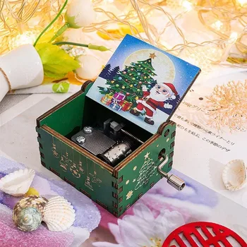 Wooden music box with crank, Merry Christmas music box, posts, decorations, exquisite small gifts, birthday gifts. home decor