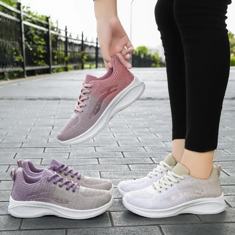Women's running shoes, sports and leisure soft soled shoes, breathable single shoes, knitted mesh lace up shoes