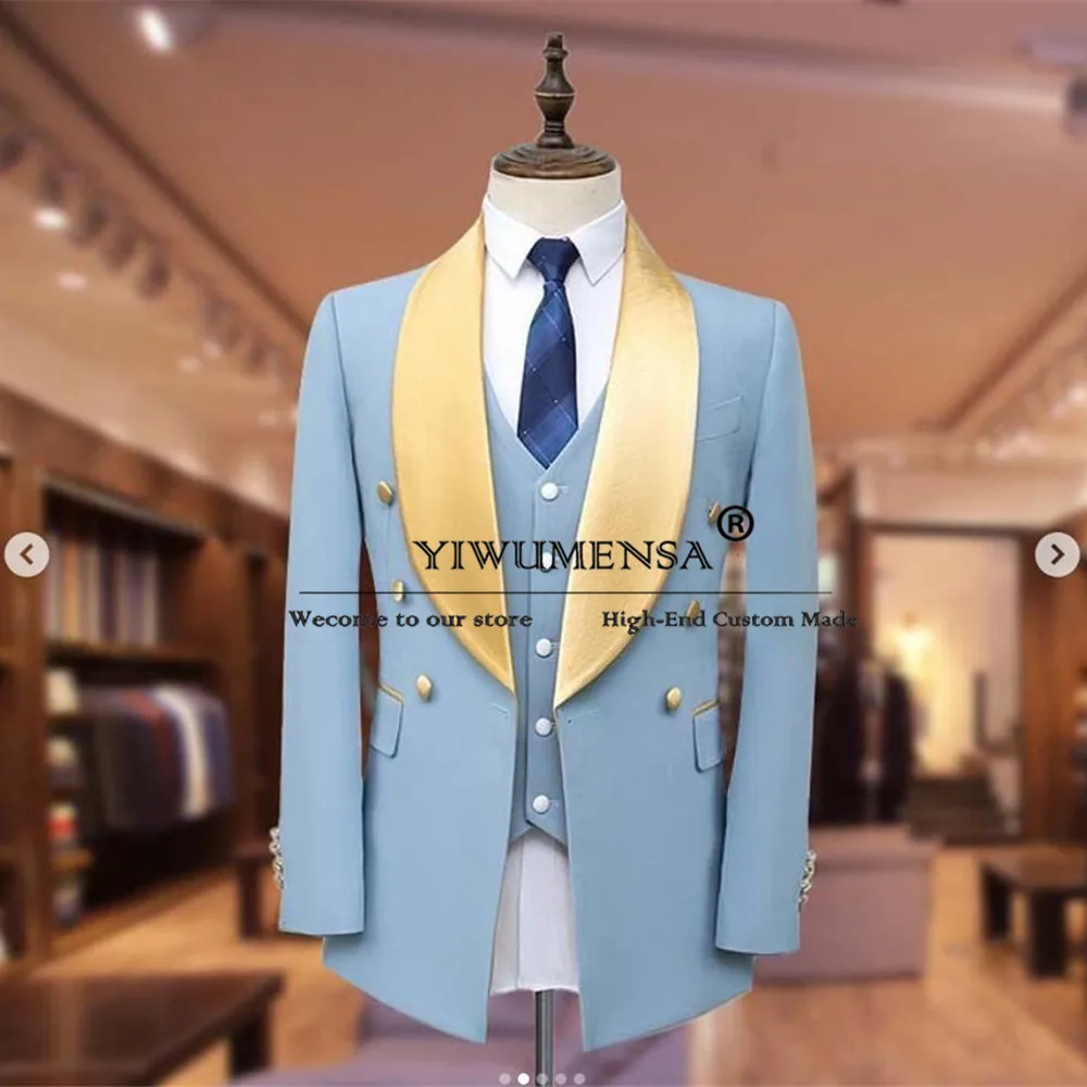 

Elegant Sky Blue Suits Men For Business Banquet Party Gold Shawl Lapel Jacket Vest Pants 3 Pieces Groom Wedding Tuxedos Plus