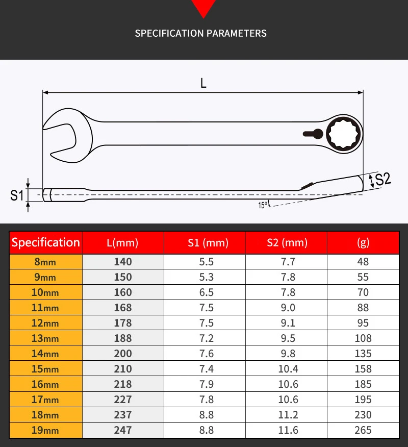 Ratschenschlüssel 8–19 mm Schnell-Ratschenschlüssel Kombination Auto Reparatur Handwerkzeug Schraubenschlüssel Kit – Detail 3