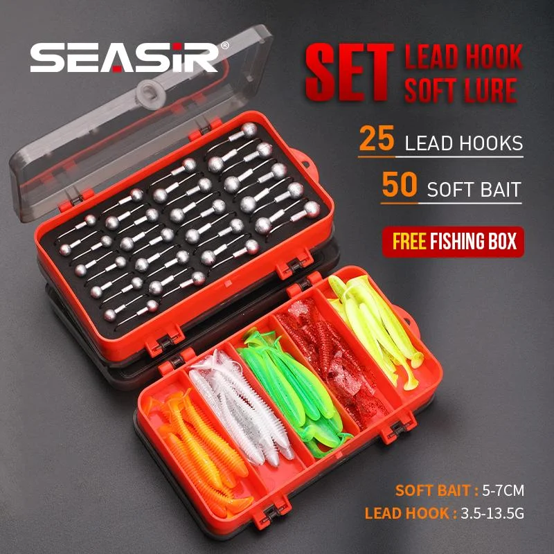 SEASIR Fishing Tackle Set 76pcs Lead Hook Soft Bait Mixed Plastic Box Waterproof Lure Accessories