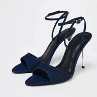 Aneikeh Summer Fashion Blue Female Sandal Open Toe Buckle High Heels Peep Pointed New Denim Stiletto Strap Womens Prom Shoes