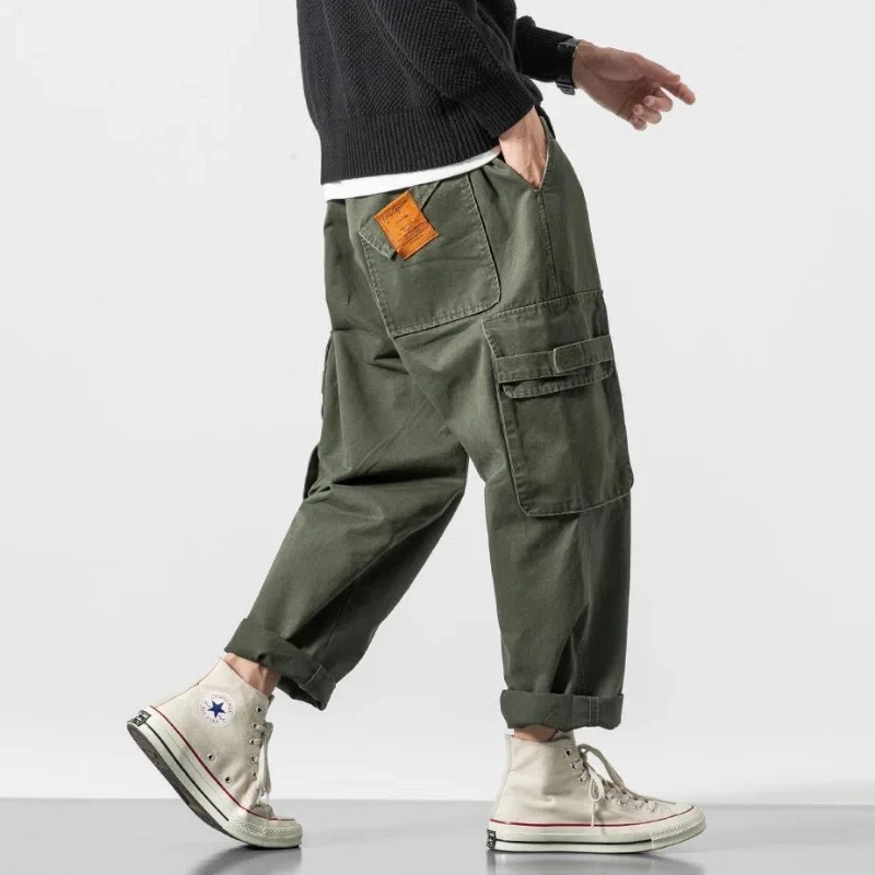 Preppy Style Solid Color Pockets Elastic High Waisted Men's Casual England Style Spring Autumn Cargo Straight Trousers Pants