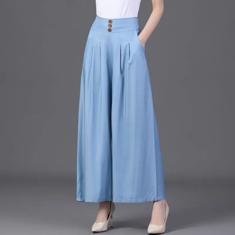 Simplicity Casual Summer Solid Pants Ice Silk Women's Elastic Waist Pockets Button Fashion High Waist Wide Leg Ankle Trousers