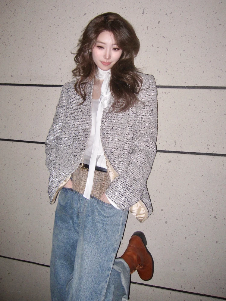 Stylish High quality Korean V-neck balzer for women 2024 Spring fall Single breasted jacket Korean style Sliver INKEO 3O299