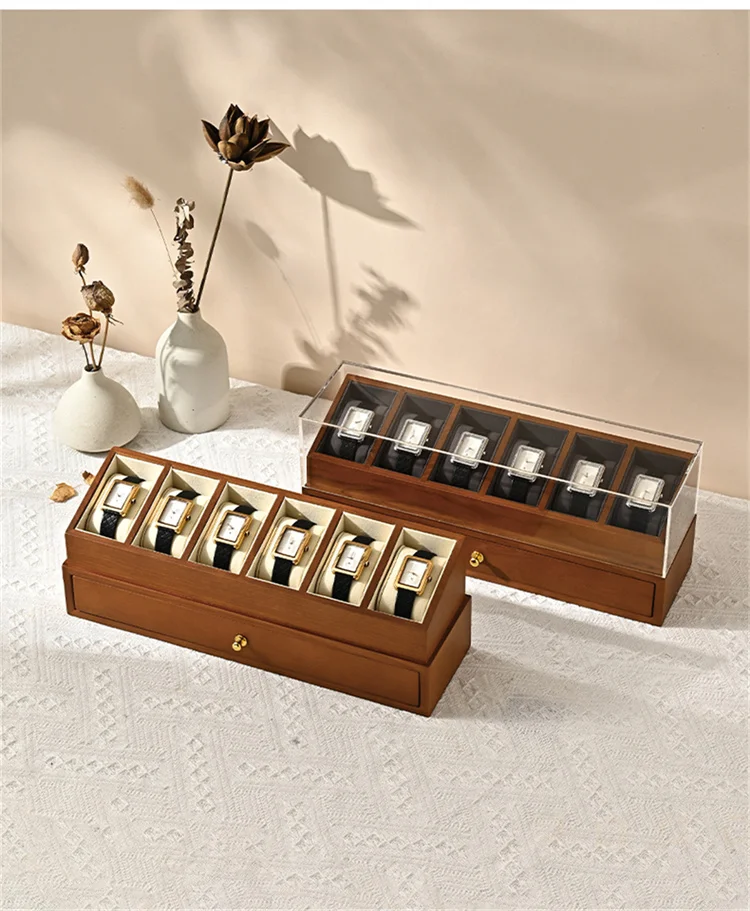 Oirlv 6 Grilds Wooden Watch Box Double-layer Jewelry Organizer Wrist Watch Display Box Dust-proof Transparent Cover Watch Case