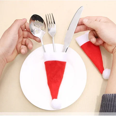 

10Pcs Christmas Decorative Tableware Mini Caps Pocket Knife Fork Spoon Holders Christmas Table Decoration for Home Xmas Supplies