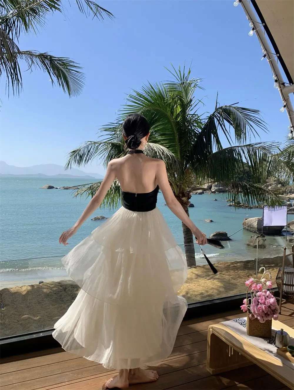 Elegant Patchwork Ruffles Cake Dresses for Women Halter Sleeveless Backless Evening Party Dress Prom A-line One Piece Vestido