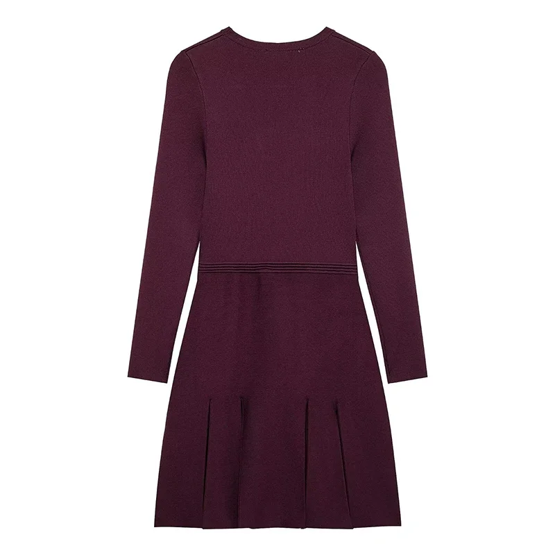 Knit Burgundy Red A-line Mini Dress Women O-neck Long Sleeves Pleat Party Dresses Female 2025 Spring New Pockets Button Vestidos