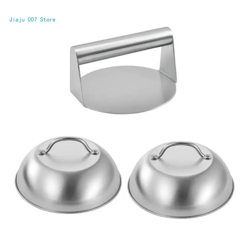 Pack of 3 Metal BBQ Accessories Hamburger Press Hamburger Smasher 304Stainless Steel Melting Cover for Grilling Use C9GA
