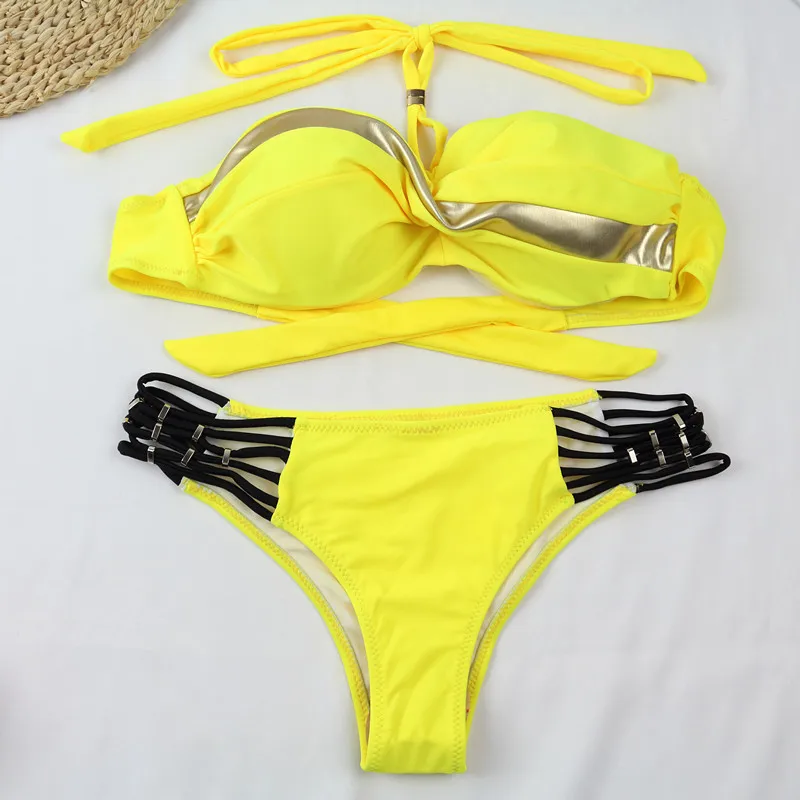 bikini sets for women Sexy Push Up Bikini Set 2022 New Patchwork Swimsuits Ruched Swimwear Women Biquini Strap Yellow Bathing Suit Summer Beachwear two piece bikini set