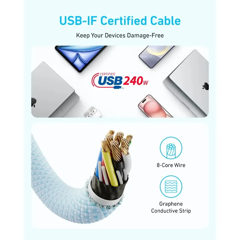 ANKER Zolo 240W 직조형 먼지 방지 USB-C 충전 케이블 애플 아이폰 시리즈 맥북 화웨이 안드로이드 호환