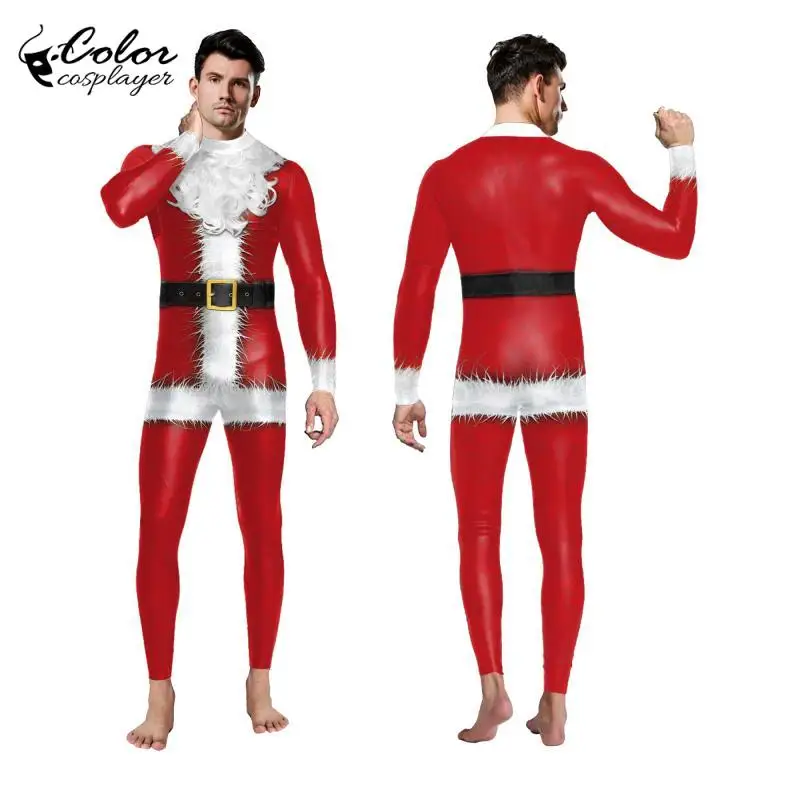 

Color Cosplayer Christmas Party Jumpsuits Long Sleeve Cosplay Costume Unisex Skinny Santa Printed Catsuit Zentai Suit Bodysuits