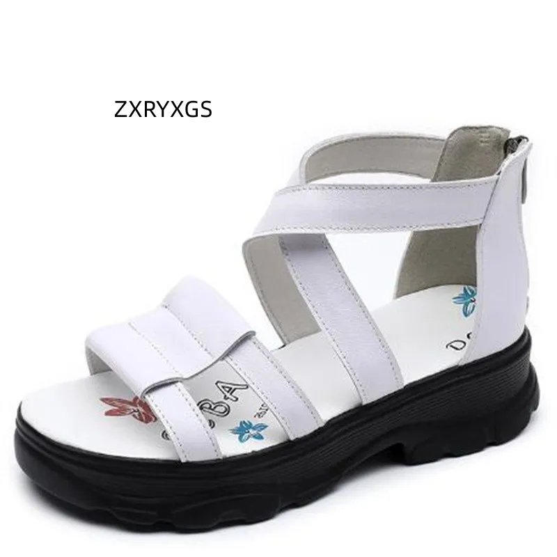 

ZXRYXGS Top Cowhide Platform Wedges Sandals Women's Shoes 2023 New Summer Fish Mouth Casual Elevated Roman Sandals Large Size 41