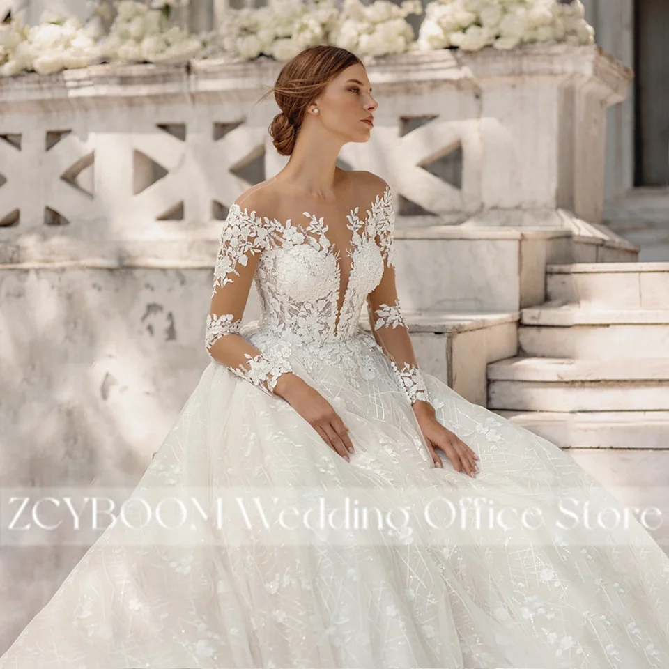 Maßgeschneiderte Elegante A-Linien-Hochzeitskleider mit Illusionsärmeln 2026 Prinzessinnen-Brautkleid mit Spitze und Abnehmbarer Schleppe Vestido De Novia – Detail 6