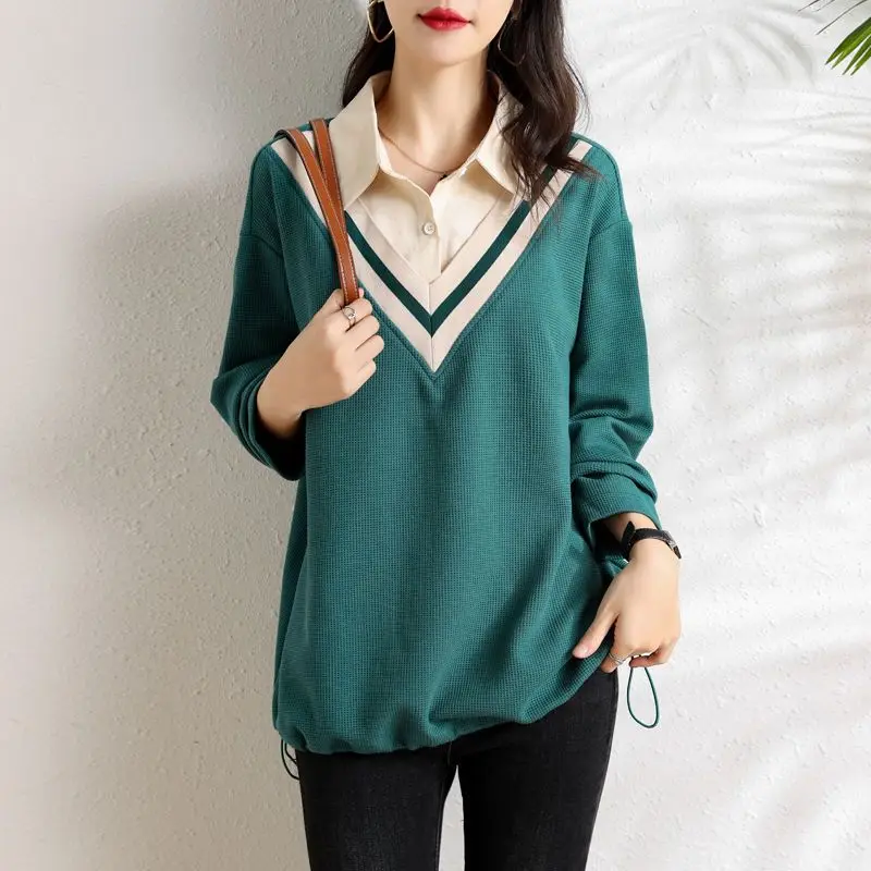 

High end sweater jacket women oversize loose spring and autumn versatile for wearing reducing age fake two pieces sweatshirt