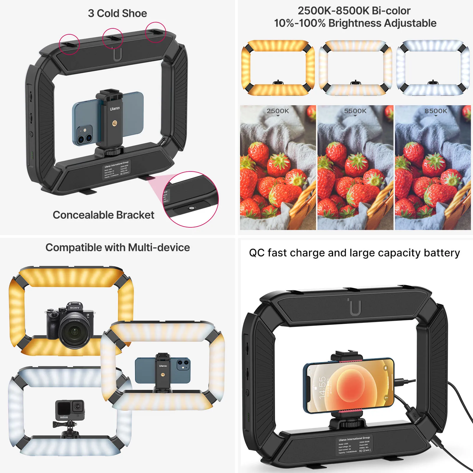 Lampe LED ULANZI 45W Double Bras Pour Vidéo/beauté, Dimmable, Avec Supports Téléphone