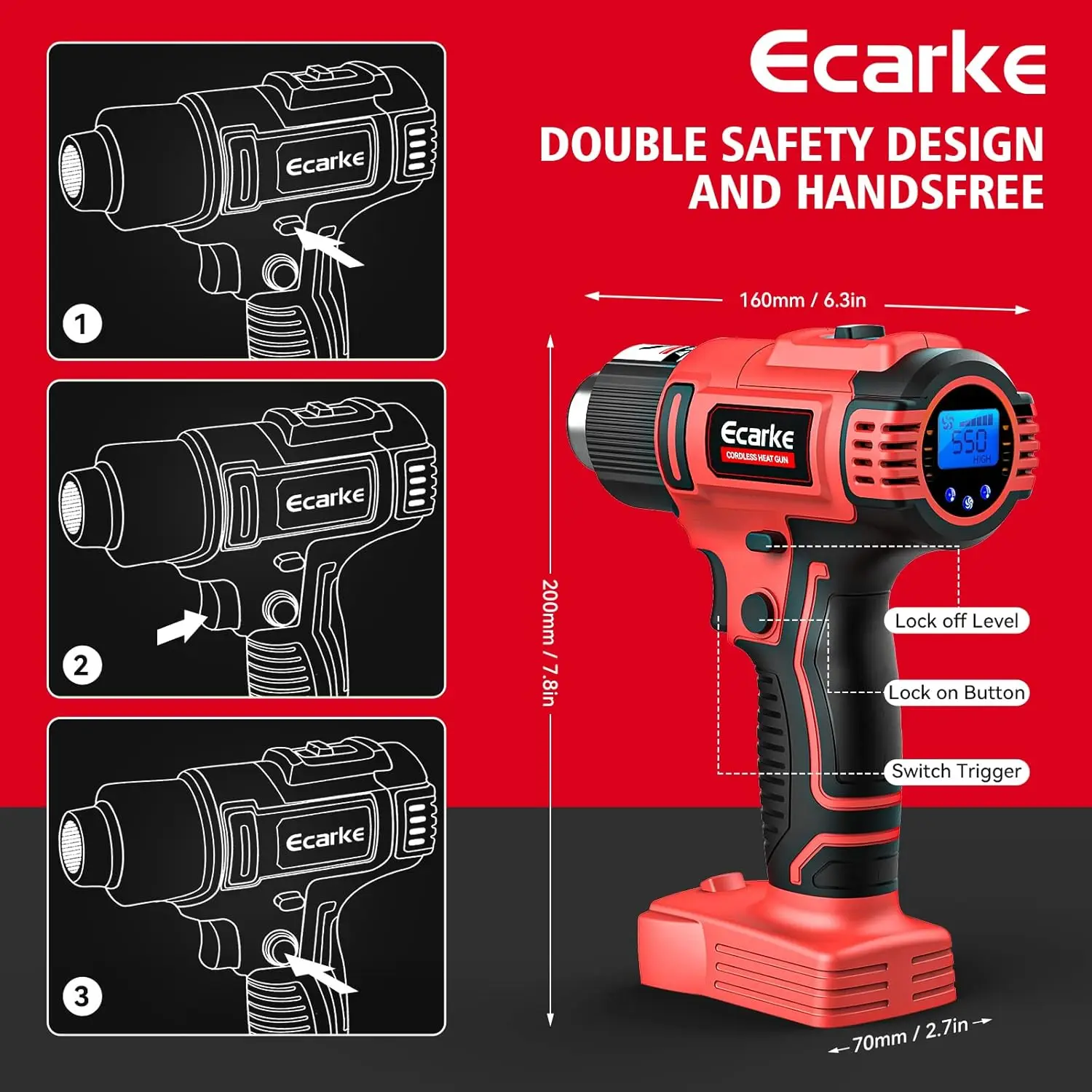 Cordless Heat Gun for Milwaukee M18 18V Battery Heat Air Gun Fast Heating up to 1202℉LCD Digital Display Soldering Bare Tool Only
