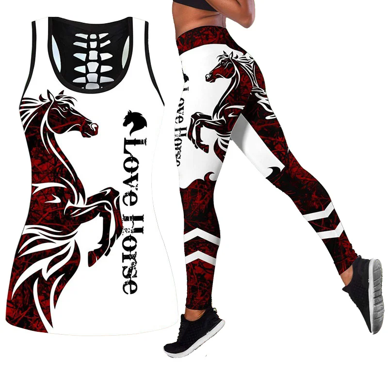 

Love Horse 3D All Over Printed Combo Tank + Legging Yoga Pants and Hollow Tank Womens Sport Vest Suits Leisure Suits