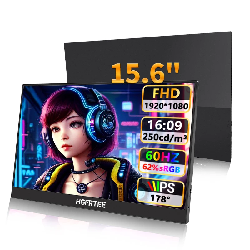 HGFRTEE 초슬림 휴대용 모니터 15.6'' FHD 1080P 250cd/m² 노트북 PC 휴대폰 PS4 Xbox 스위치용 듀얼 타입-C 및 HDMI 인터페이스