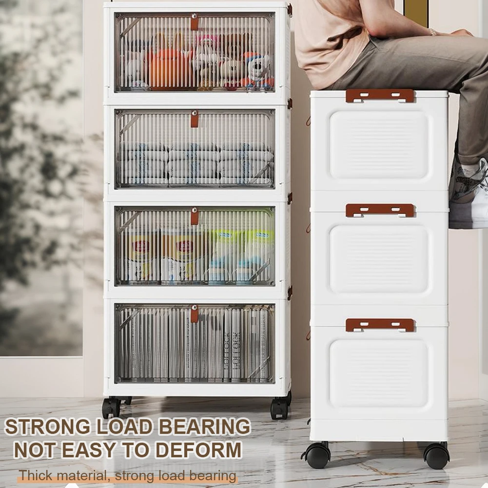 4 Layers Multifunctional Foldable Storage Cabinet with Doors & Wheels Stackable Storage Bins Large Capacity Clothing Storage Box