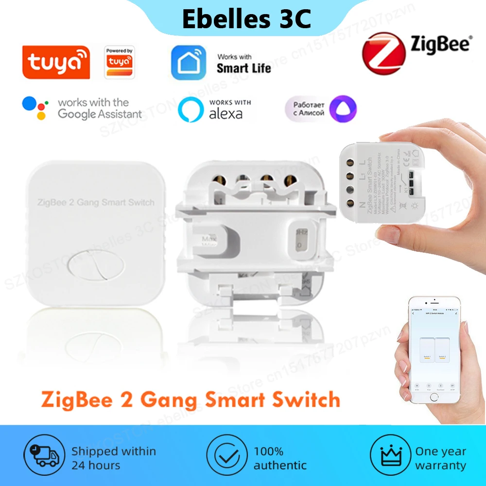 

Модуль выключателя света Tuya Zigbee, 2-канальный мини-выключатель для умного дома, с беспроводным управлением через приложение, работает со шлюзом Alexa Google Smartthing