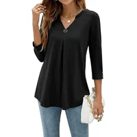 2024 Spring Autumn Women T-shirt V Neck 3/4 Sleeve Pin Decor Pleated Hem Solid Color Slim Fit Tunic T-shirt Tops Blouse - Image 2