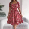 Summer Women's Beach Dress Floral 3D Print Square Neck Short-Sleeved Ladies Waist Ruffled A-Line Dress For Women Holiday Dresses 3