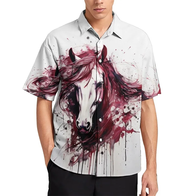 thumbnail image 1 of Camisas con estampado digital de animales y caballos para hombre, camisas hawaianas holgadas informales de manga corta para playa, blusas de gran tamaño para hombre, 1 of 5