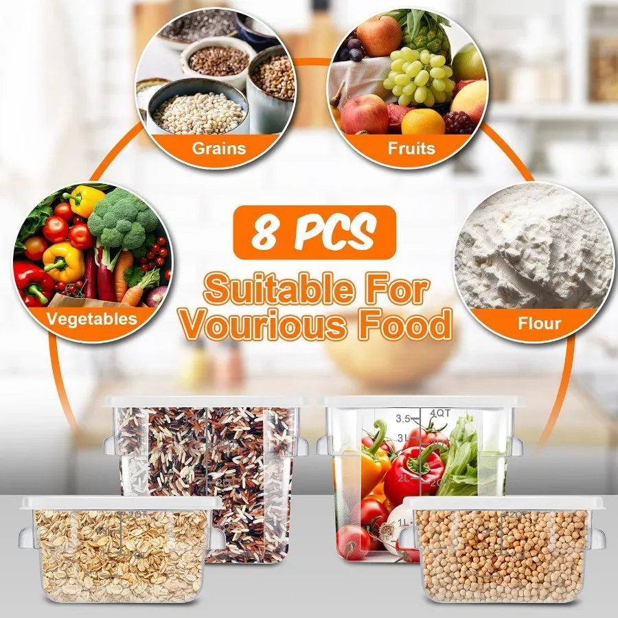 8 Pcs Food Storage Container with Lids Set 2qt and 4qt Square Clear Commercial Containers with Scales Handles for Home Restauran view 4