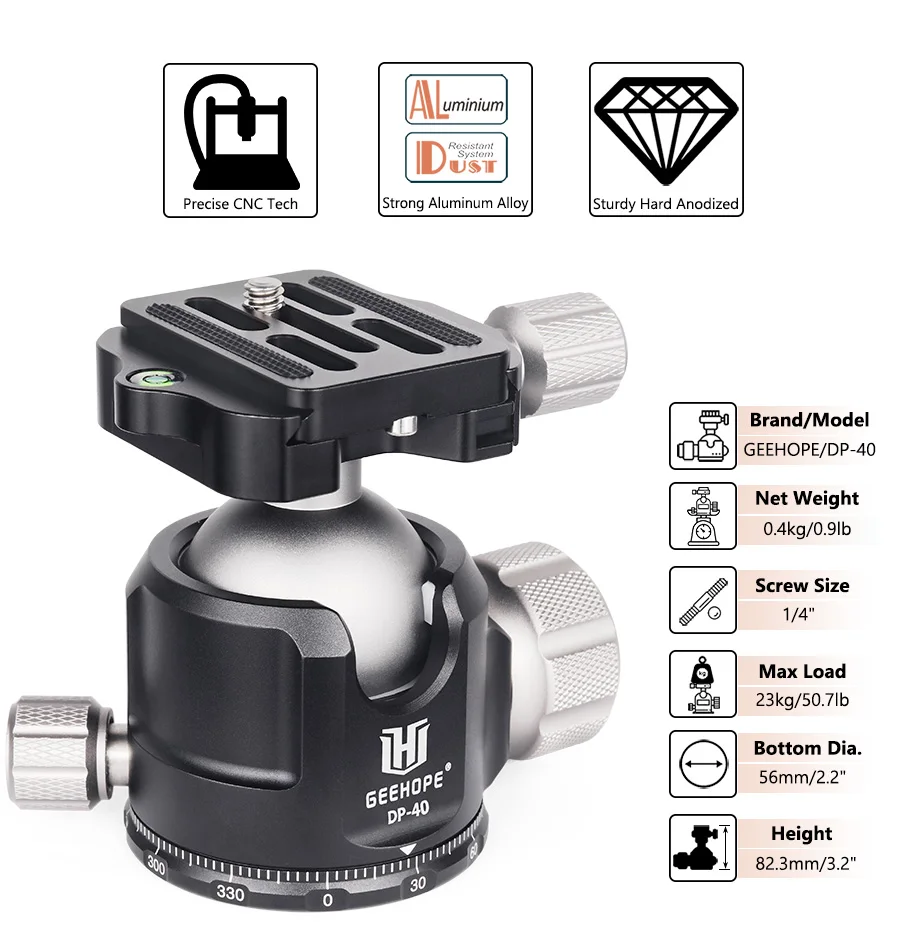 DP-40 40mm CNC 360° Panoramic Ballhead Low Gravity Center Tripod Head Load 23kg