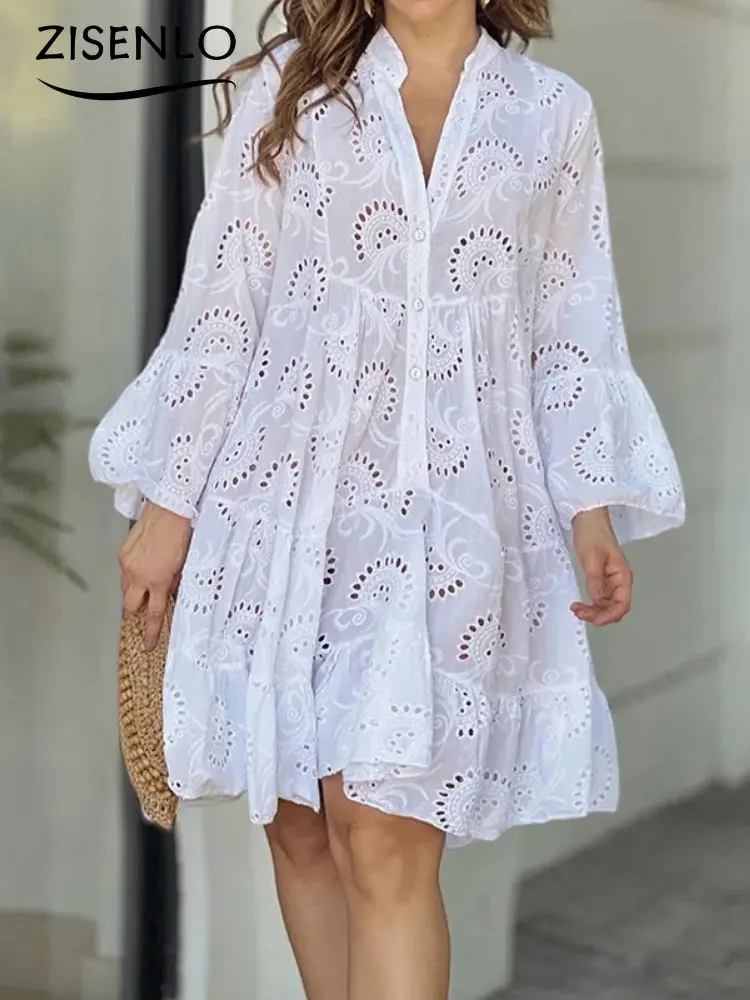 

Elegant Mini Dresses Spring Summer New Solid Color V-neck Embroidery Lace Dress Loose Vintage Hollow Out Dresses Female Clothing