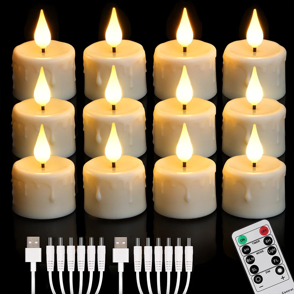 Pack of 12 Rechargeable Candles Remote Flameless Flickering Wedding Tealights Birthday Home Decorative Electronic Candle LED USB