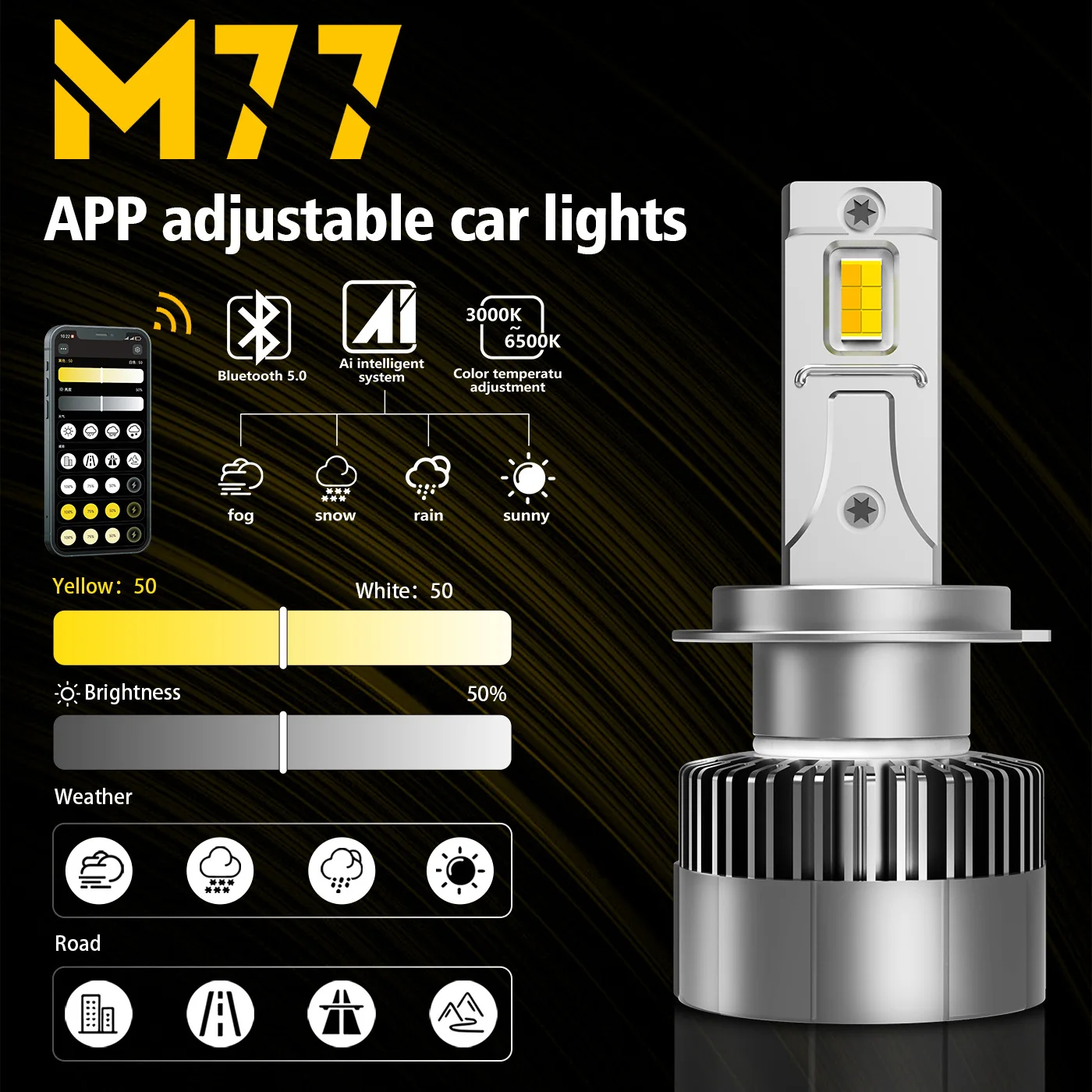 2개입 CANBUS 앱 제어 H11 H9 H8 LED 자동차 헤드라이트 전구 미니 터보 자동차 라이트 3000K 4300K 6000K 3색 안개등 팬 포함