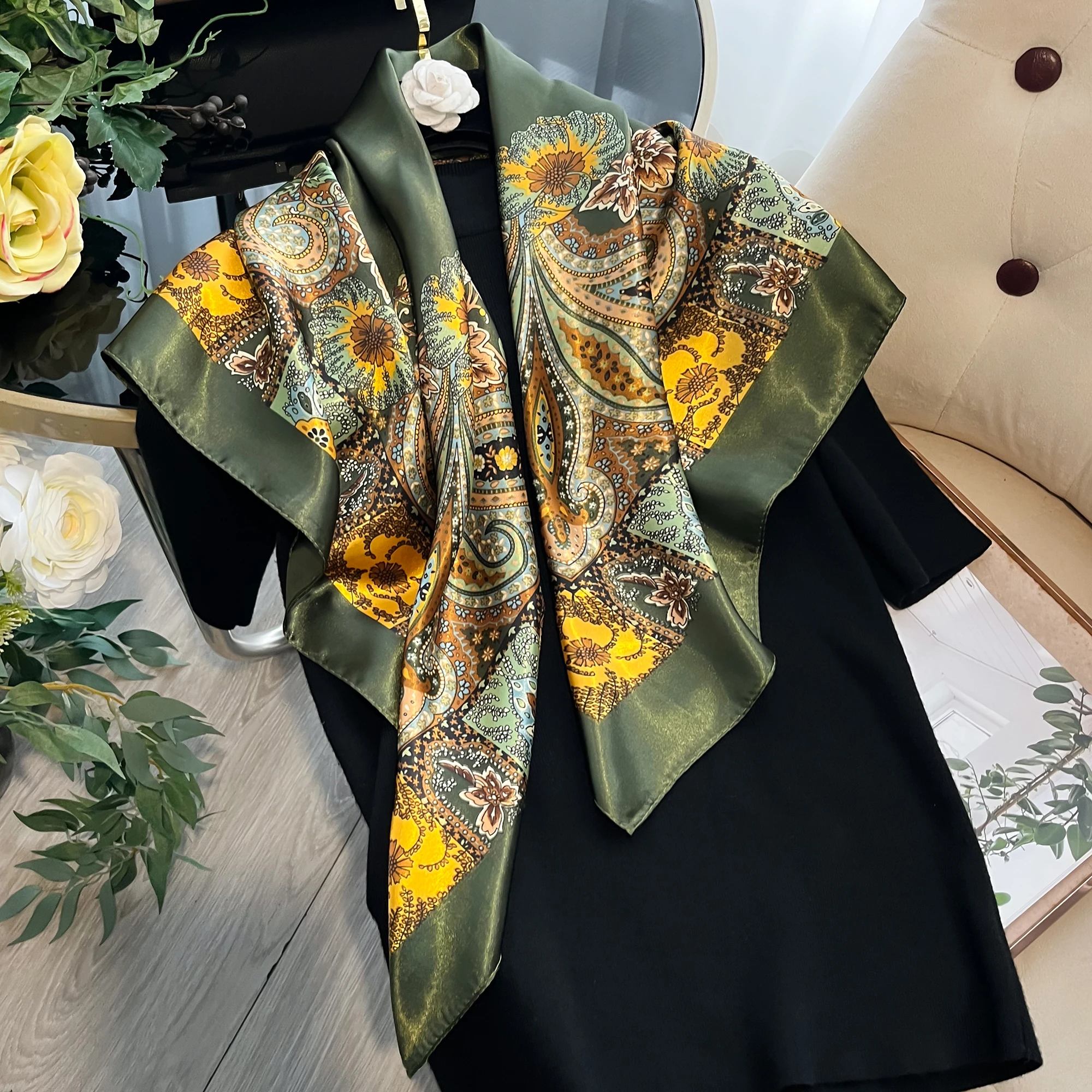 New 90*90cm Women's Square Silk Satin Scarf Flower Printed Shawls Hijab Four Seasons Bandanna Scarves Accessories Hairband Scarf
