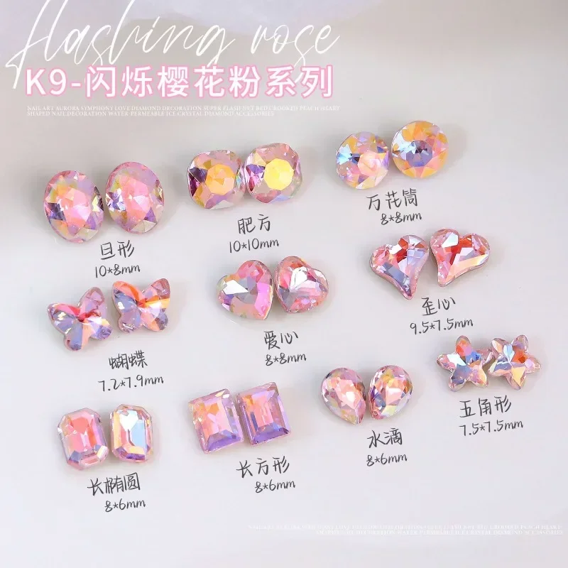 Nail K9 Girl Cherry Blossom Pink Fondo A Punta Love Diamond Nail Super Shiny Twisted Peach Heart Multi Cut Glass Diamond Jewelr