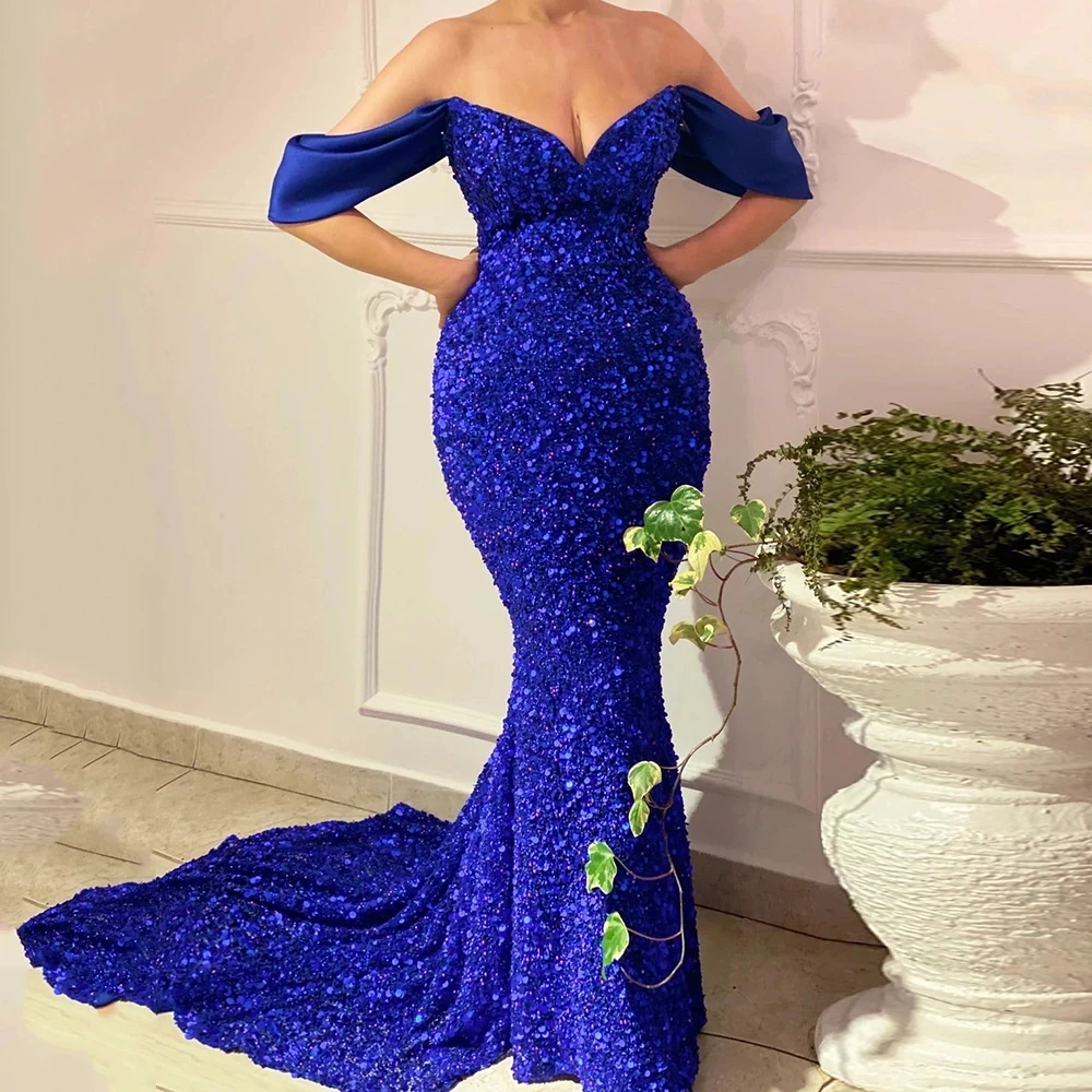 

Short Sleeve Glitter Sequin Evening Dress Luxury Long Trailing Prom Party Gown Mermaid Sparkly Formal Elegant Women Robe Soiree