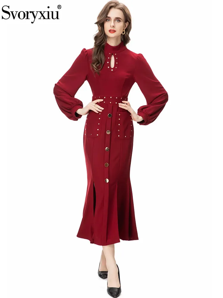 

Svoryxiu Autumn Fashion Designer Burgundy Color Vintage Fishtail Dress Women Stand Collar Lantern Sleeve Buttock Covering Dress